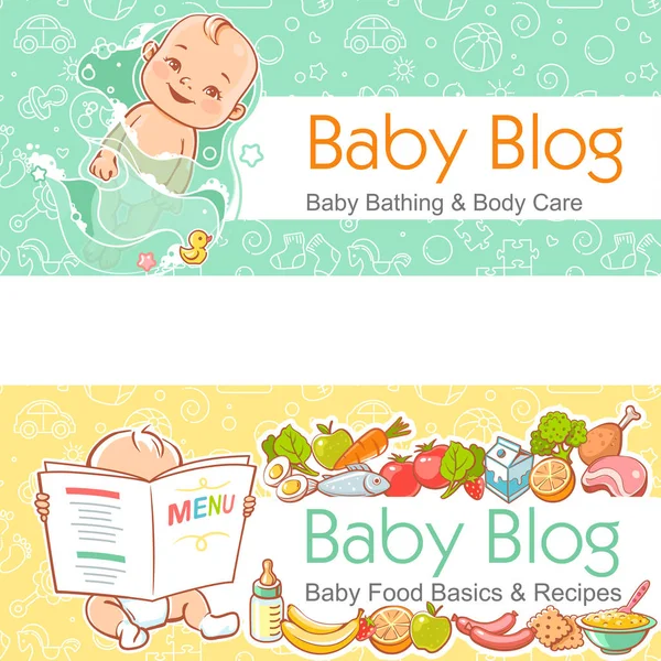 Llustration für baby blog. Niedliches kleines Baby in der Badewanne. — Stockvektor