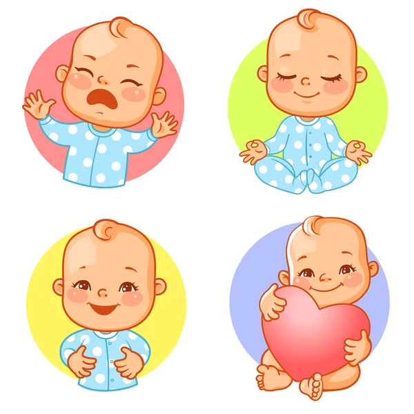 Conjunto de pegatinas emociones bebé. Llora,, feliz, medita . — Vector de stock