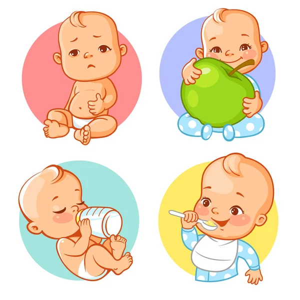 Conjunto de autocolantes para bebés. Alimentos saudáveis, nutrição para o bebê —  Vetores de Stock