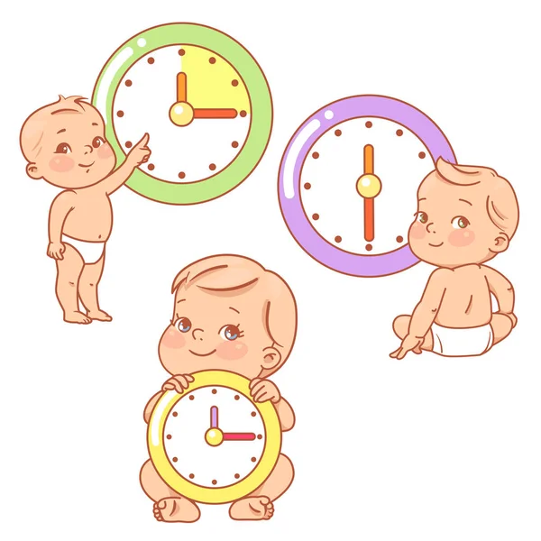 Pequeño bebé con relojes. Hora del bebé. Los niños se sientan, de pie cerca del reloj grande . — Vector de stock