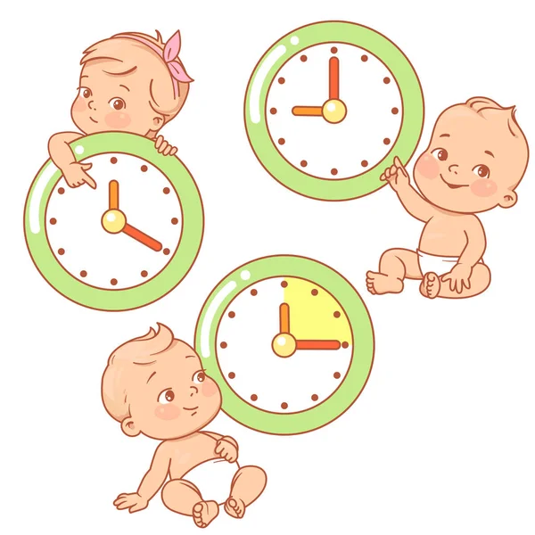 Kleine baby met klokken. Tijd voor de baby. Kinderen zitten, staan in de buurt van de grote klok. — Stockvector