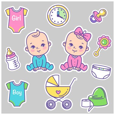 Bebek simgeler, Etiketler vektör koleksiyonu. Küçük bebek kız ve erkek. Oyuncak, bebek arabası, lazımlık, giyim, şişe. Web sitesi, blog, paket için çocuk sağlığı ve gelişimi simgeler. Vektör rengi çizim.