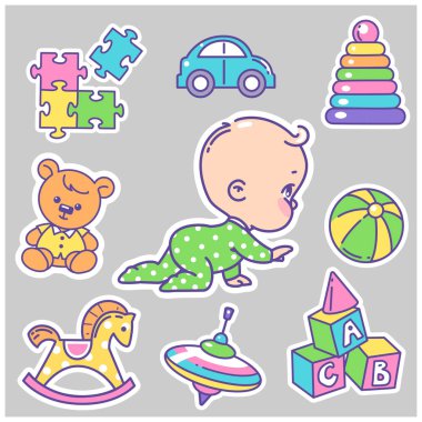 Bebek simgeler, Etiketler vektör koleksiyonu. Tatlı küçük bebek erkek veya kız kaynıyor, oyuncaklarla oynamak. Çocuk bezi ile Piramit, topu, ayı. İzole renkli bebek tasarım öğeleri.
