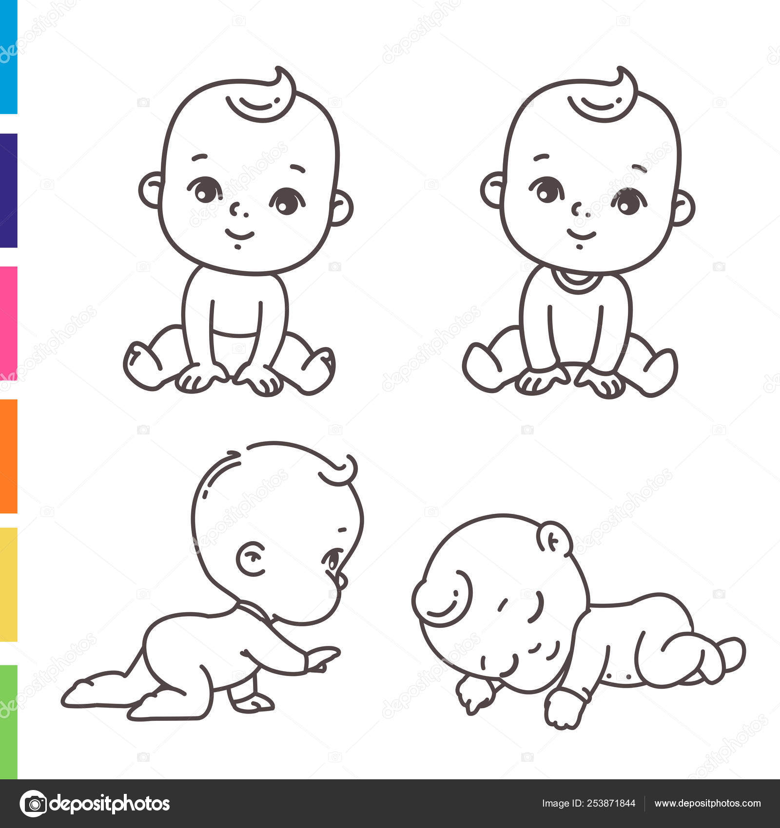 Cute little boy icon set. Coloring page of outline stickers of little baby  boy in pajamas, diaper. Child sleeping, sitting, crawling. Emblem of kid