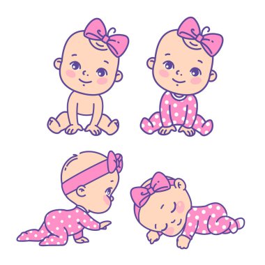 Sevimli küçük kız Icon set. Vektör çıkartmaları küçük bebek kız pembe pijama, yay, Bebek bezi topluluğu. Uyku, oturma, emekleme çocuk. Çocuk sağlığı arması. Vektör rengi çizim.