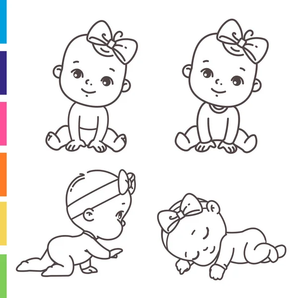Χαριτωμένο Μικρό Κορίτσι Σύνολο Εικονιδίων Χρωματισμός Σελίδα Του Περίγραμμα Αυτοκόλλητα — Διανυσματικό Αρχείο