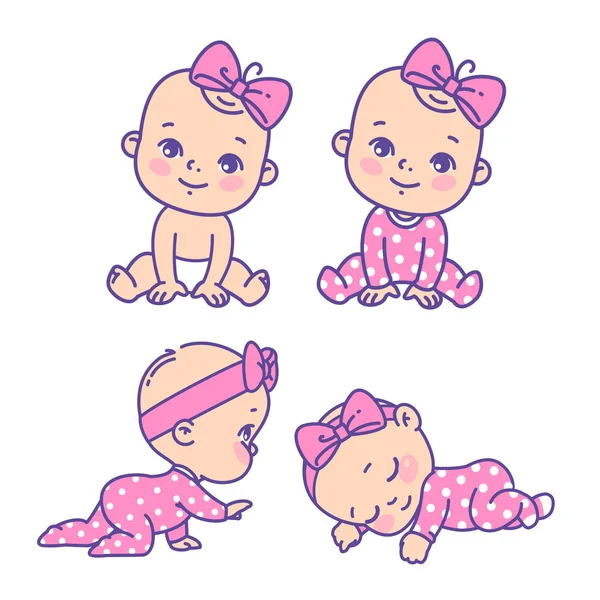 かわいい女の子のアイコンを設定します ピンク パジャマ おむつの赤ん坊少女のベクトル ステッカーのコレクションです 寝ている 座っている クロールの子 子供の健康のエンブレム ベクター — ストックベクタ