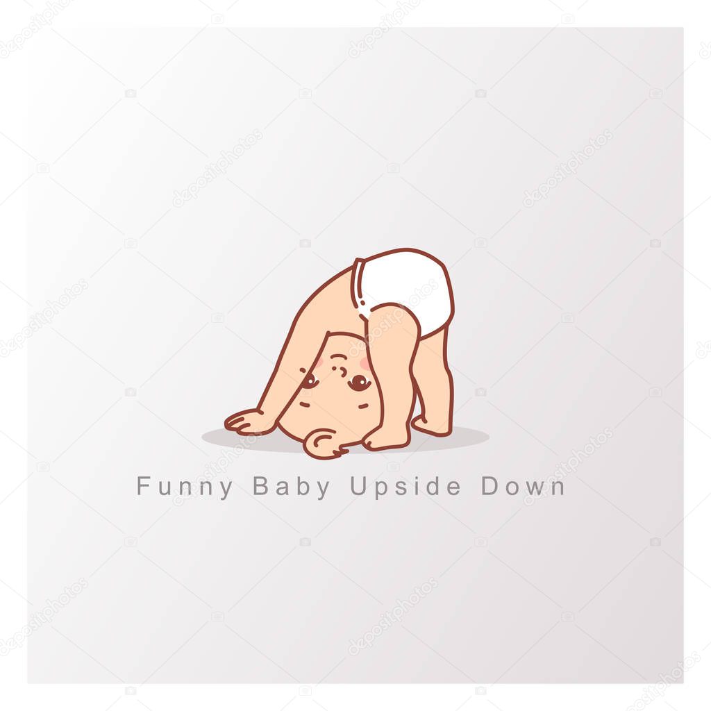 Cute little baby logo template. Baby girl boy isolated. Funny child stand on head, upside down. Design template. Vector color illustration.