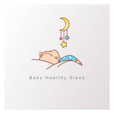 Bebek Uyku logo şablonu. Sağlıklı bebek uyku gece. Çocuk uyku yastık battaniye, beşik mobile ile altında üzerinde. Arkadan görüntüleyin. Oyuncak üzerinde uyuyan bebek asmak. Tasarım şablonu. Renk vektör çizim.