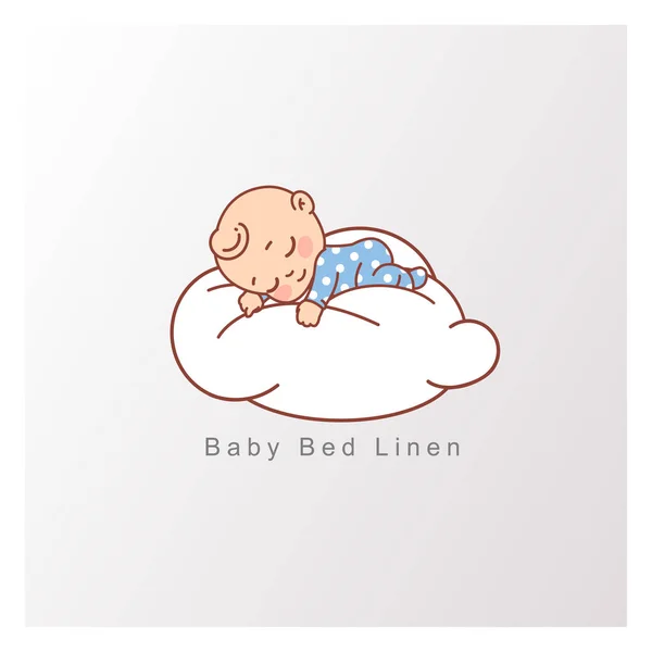 穿着蓝色睡衣的小男孩安安静静地睡在柔软的白云上 儿童枕头和毯子 健康睡眠的标志模板 婴儿床上用品 亚麻布 颜色向量例证 — 图库矢量图片