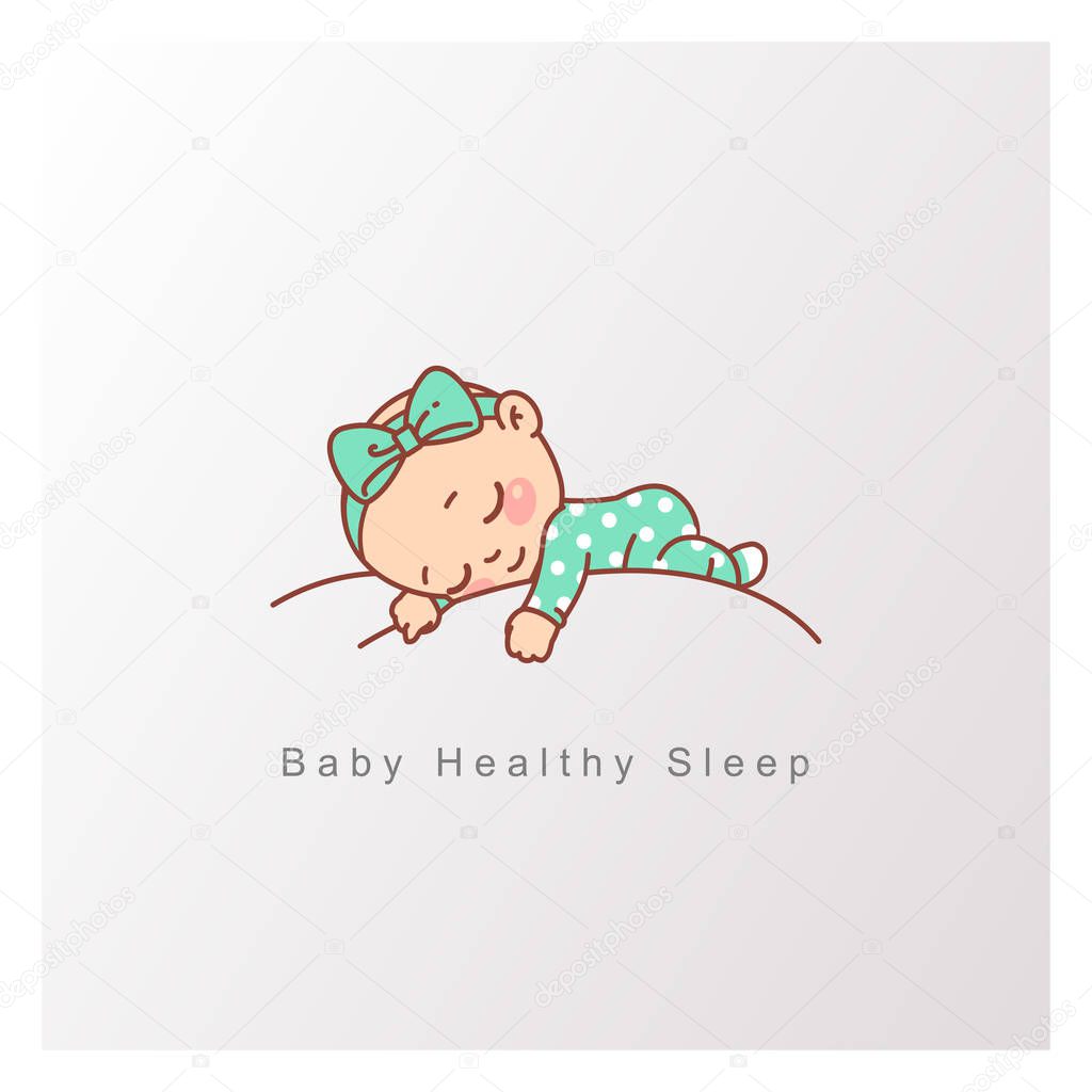 Little baby boy, girl sleep peacefully on soft white cloud. Pillow and blanket for child. Template for logotype for healthy sleep, baby bed clothes, linen. Color vector illustration.
