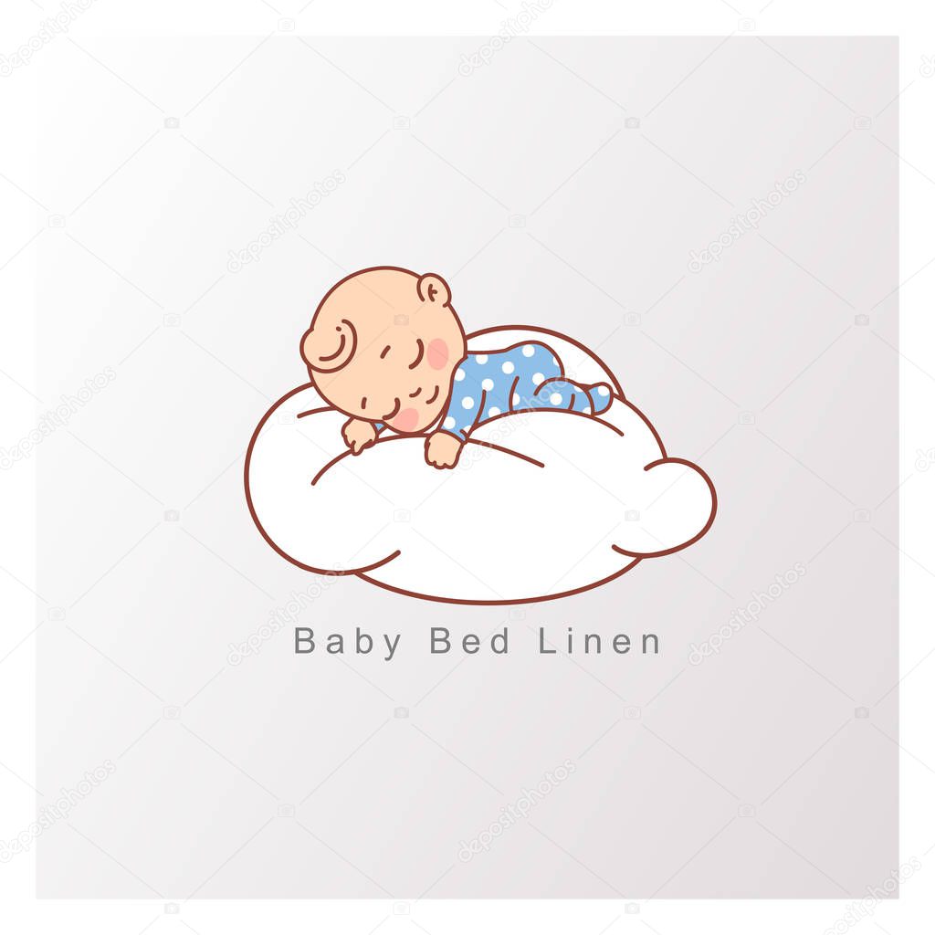 Little baby boy in blue pajamas  sleep peacefully on soft white cloud. Pillow and blanket for child. Template for logotype for healthy sleep, baby bed clothes, linen. Color vector illustration.