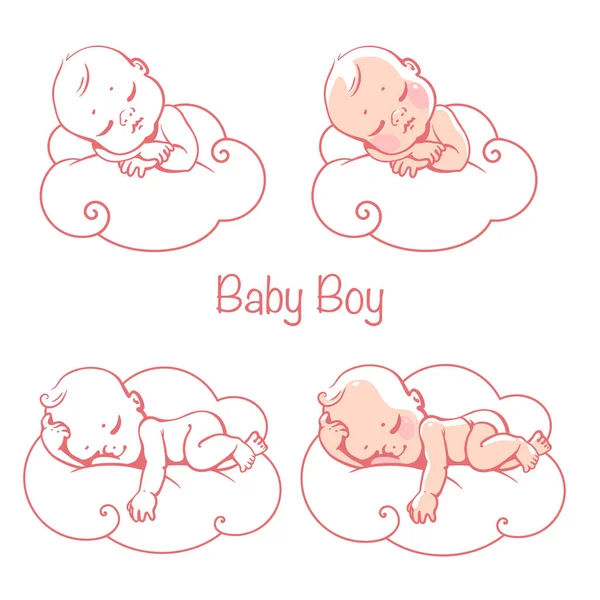 Newborn baby boys sleeping on white cloud. — Stock Vector