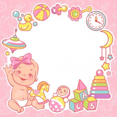 Bebek duş tasarım şablonu. Oyuncak çerçeveli kız bebek.