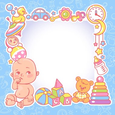 Bebek duş tasarım şablonu. Oyuncak çerçeveli bebek çocuk.