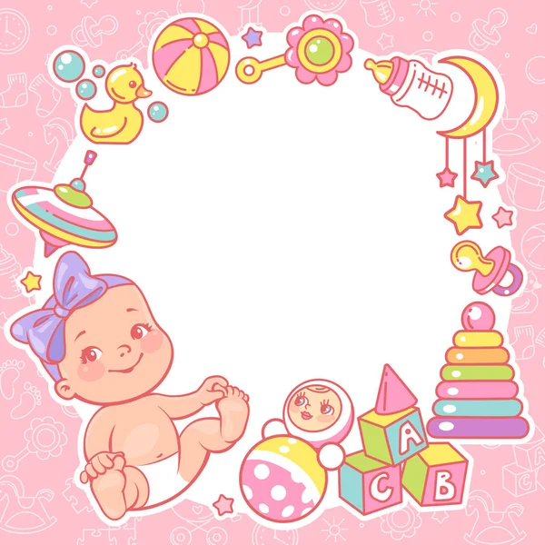 Modèle de conception de douche bébé. Bébé fille avec cadre jouet . — Image vectorielle