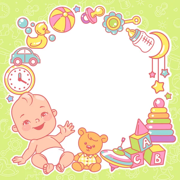 Plantilla de diseño Baby shower. Niño con marco de juguete . — Vector de stock