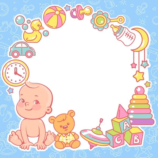 Baby shower design template. Baby boy with toy frame. — Stockvector
