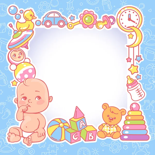 Baby shower design template. Baby boy with toy frame. — Stockvector