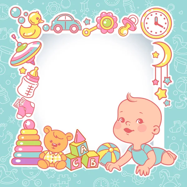 Baby shower designmall. Baby pojke med Toy Frame. — Stock vektor