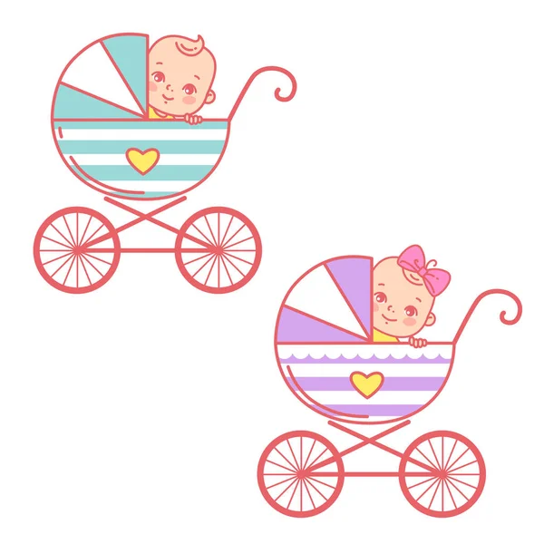 Bambino e bambina in carrozza. Passeggino e oggetti per bambini in giro . — Vettoriale Stock