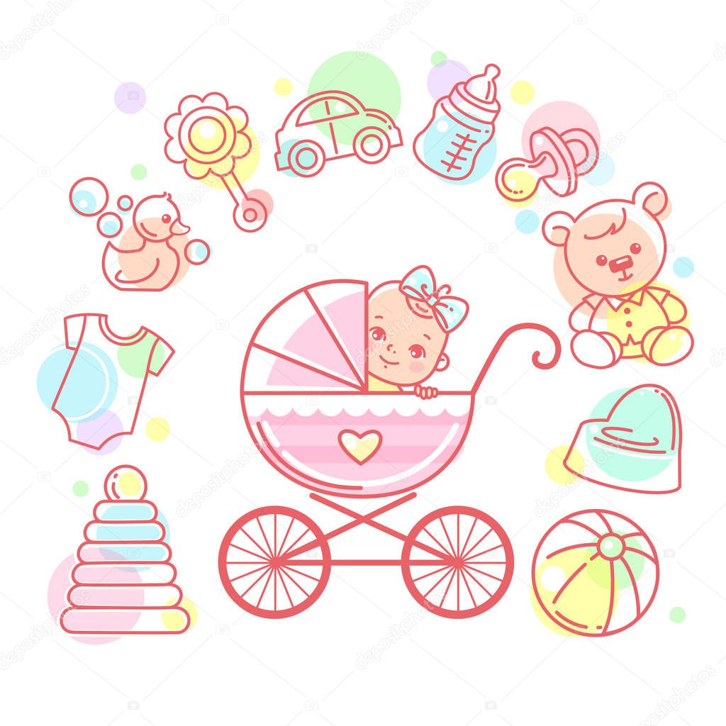 Happy baby girl with bow in stroller. Smiling child sitting in carriage. Color vector illustration.