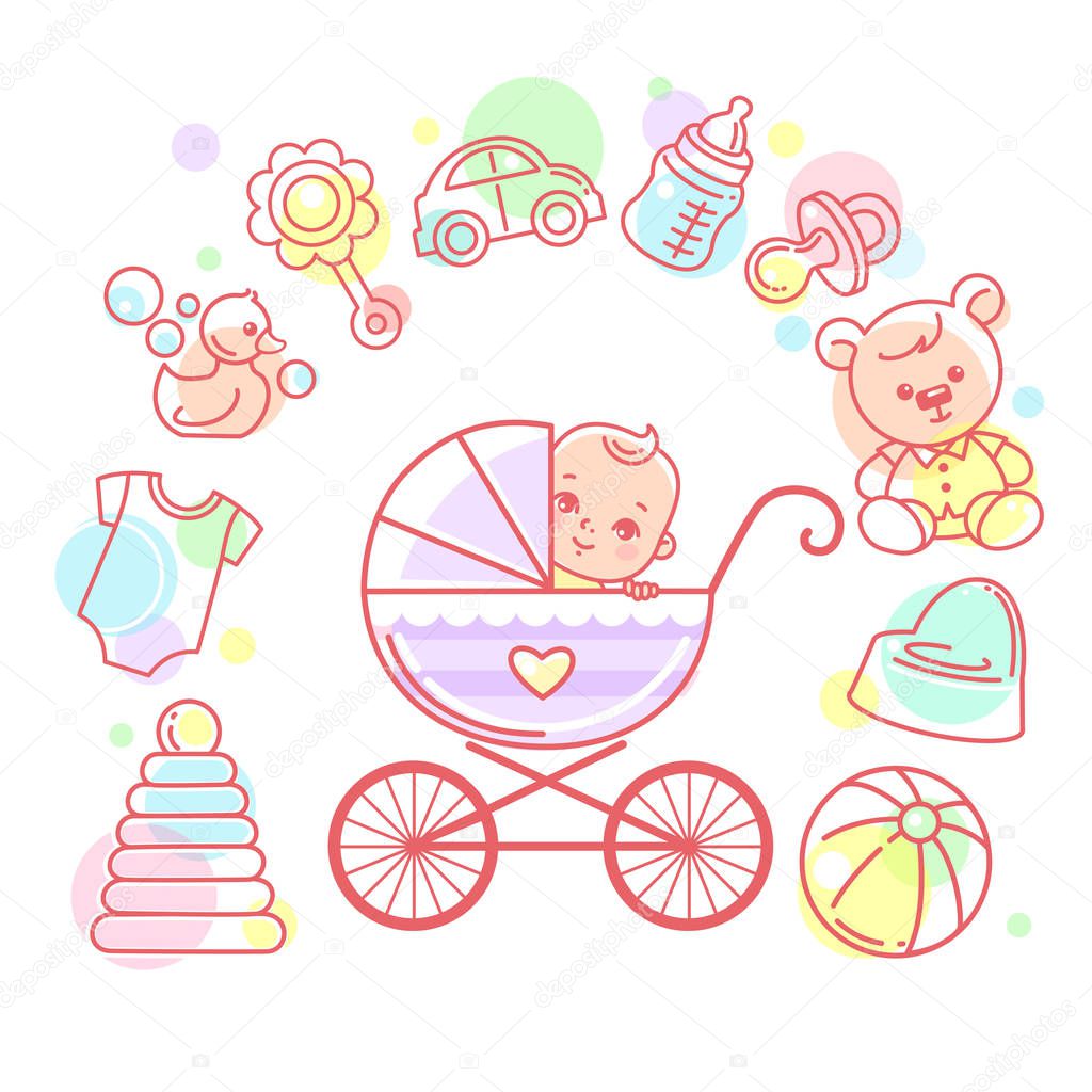Happy baby boy in stroller. Smiling child sitting in carriage. Color vector illustration.