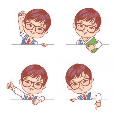 Gülümseyen öğrenci boş afiş tutar. Okul tasarım şablonuna geri dön. Okul çocuğu kravatlı üniforma giyiyor. Kitaplı üniversiteli genç. Gözlük takan zeki asyalı bir çocuk. renk vektör illüstrasyon.