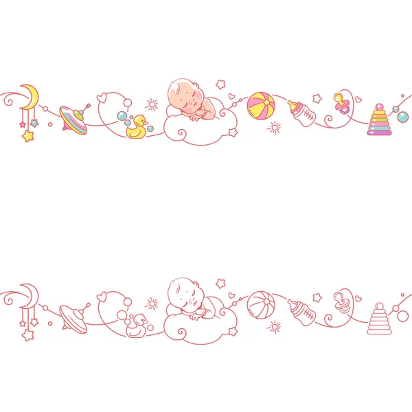 Seamless Border Playing Baby Boys Girls Toys Cute Little Baby — Stock Vector