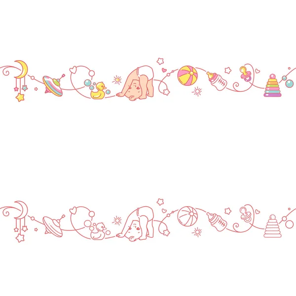Seamless Border Playing Baby Boys Girls Toys Cute Little Baby — Stock Vector