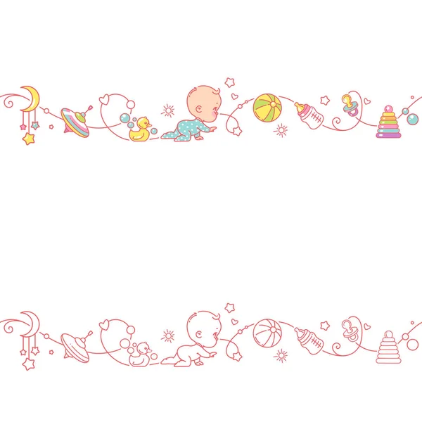 Seamless Border Playing Baby Boys Girls Toys Cute Little Baby — Stock Vector