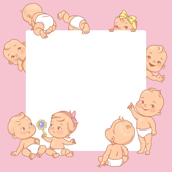 Cute Little Babies Blank Text Frame Happy Children Diapers Stand — Stock Vector