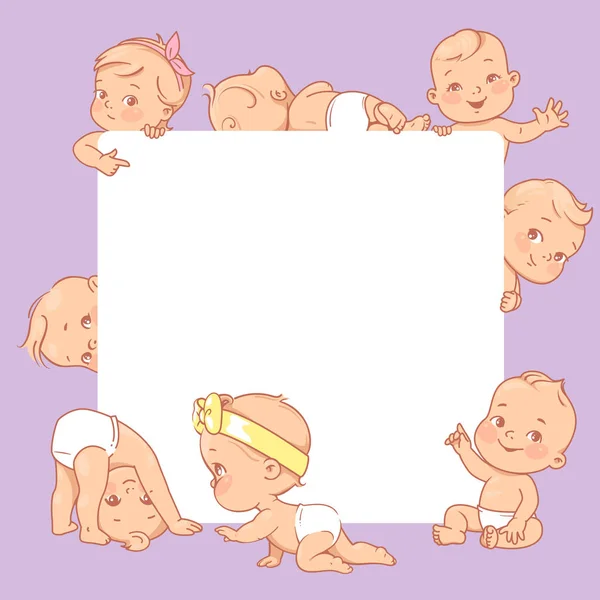 可爱的小婴儿在空白文字框架附近 快乐儿童在尿布站立 挥动的手 孩子们手持白色旗帜 活泼的幼儿 婴孩健康和关心媒介例证 — 图库矢量图片