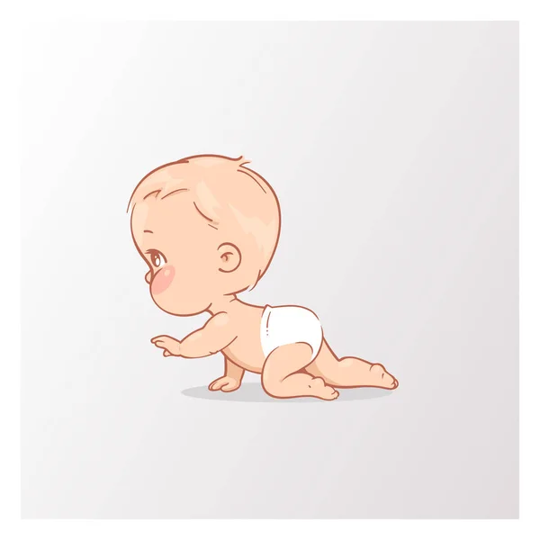 おむつでかわいい男の子 6ヶ月から年までの年齢のアクティブな赤ちゃんは クロール 歩くことを学びます 子供の1年目 健康な赤ちゃんの遊び 白い背景に分離されたベクトルイラストレーション — ストックベクタ