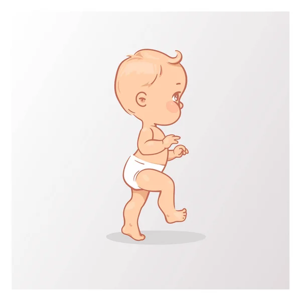 おむつ歩き中のかわいい男の子 6ヶ月から年までの年齢のアクティブな赤ちゃんは歩くことを学びます 子供の1年目 健康な赤ちゃんの遊び 白い背景に分離されたベクトルイラストレーション — ストックベクタ