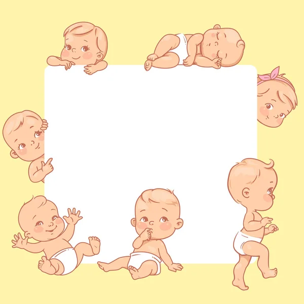 Милые Маленькие Детки Рядом Пустым Текстовым Фреймом Счастливые Дети Подгузниках — стоковый вектор