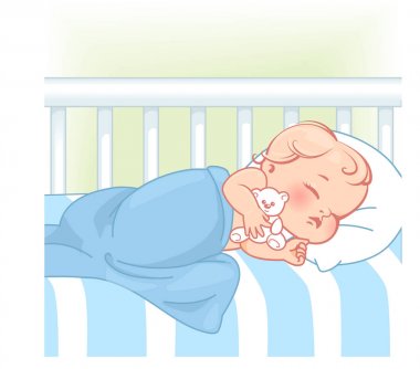 Sevimli küçük bebek yatakta uyu. Geceleri bebek bezi uykusunda uyuyan güzel bir çocuk. Sağlıklı huzurlu bir uyku. Beyaz yatak, yastık ve çarşaflar. Oyuncak ayılı tatlı bebek. Çocuk odası. Renk vektör illüstrasyonu.