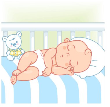 Sevimli küçük bebek yatakta uyu. Geceleri bebek bezi uykusunda uyuyan güzel bir çocuk. Sağlıklı huzurlu bir uyku. Beyaz yatak, yastık ve çarşaflar. Oyuncak ayılı tatlı bebek. Çocuk odası. Renk vektör illüstrasyonu.