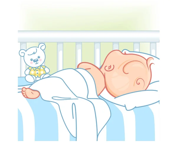 かわいい赤ちゃんがベッドで眠る 夜のおむつ睡眠のかわいい子供 健康的な平和な睡眠 白いベッド シーツ テディベアと甘い赤ちゃん 子供の寝室カラーベクトルイラスト — ストックベクタ