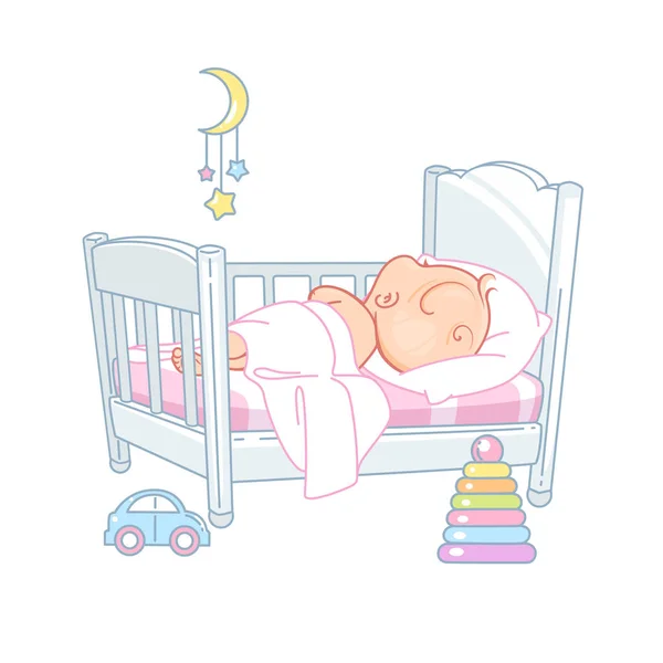 Χαριτωμένο Μωράκι Κοιμάται Στο Κρεβάτι Όμορφο Παιδί Στον Ύπνο Της — Διανυσματικό Αρχείο