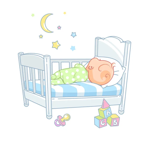 Cute little baby sleep in bed. Pretty child in diaper sleep at night. Healthy peaceful sleep. White bed, pillow and sheets. Sweet baby with teddy bear. Kid's bedroom. Color vector illustration.