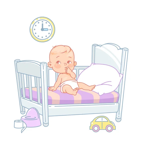 Cute little baby sitting in bed. Pretty child in diaper don't sleep. Sleep problems. White bed, pillow and sheets. Sweet baby boy or girl with  toys. Kid's room. Color vector illustration.
