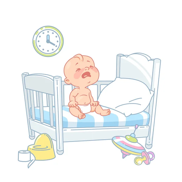 Lindo Bebé Llorando Cama Niño Triste Con Pañales Duerme Problemas — Vector de stock