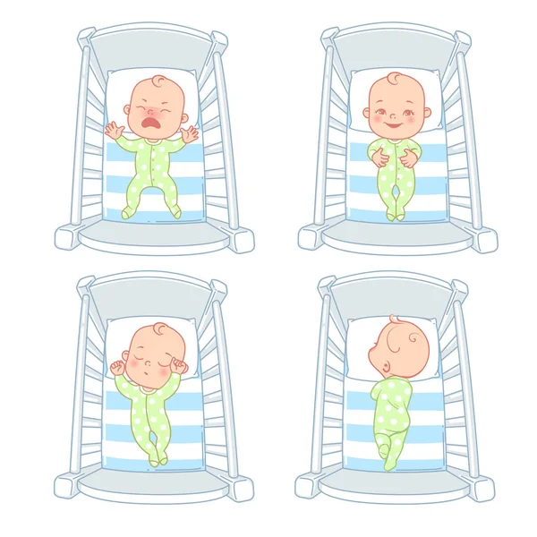 Pequeño Bebé Cuna Niño Cama Con Diferentes Emociones Llora Calma — Vector de stock