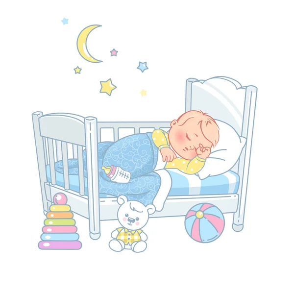 かわいい赤ん坊がベッドで寝ている。健康な睡眠. — ストックベクタ