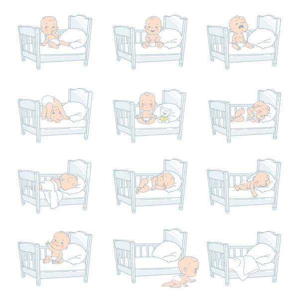 Set of vector illustration with baby in bed in different situation. — Stock Vector