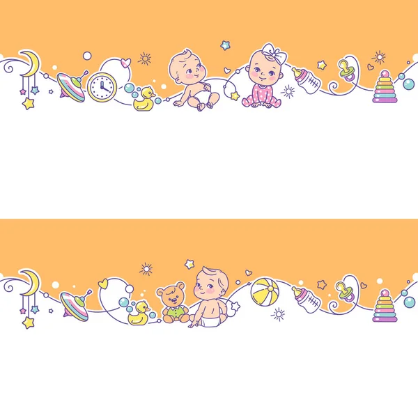 Seamless border  with playing baby boys, girls and toys. — Stock Vector