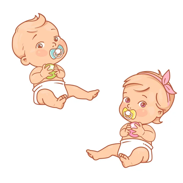 Little Babies Diaper Hold Plastic Ball Cute Toddler Baby Boy — Stock Vector