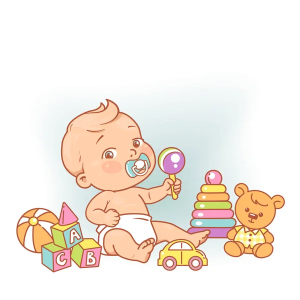 小さな男の子が床に座って遊ぶ おしゃぶり 手にガラガラとおもちゃでかわいい幼児の子供 カラーベクトルイラスト — ストックベクタ