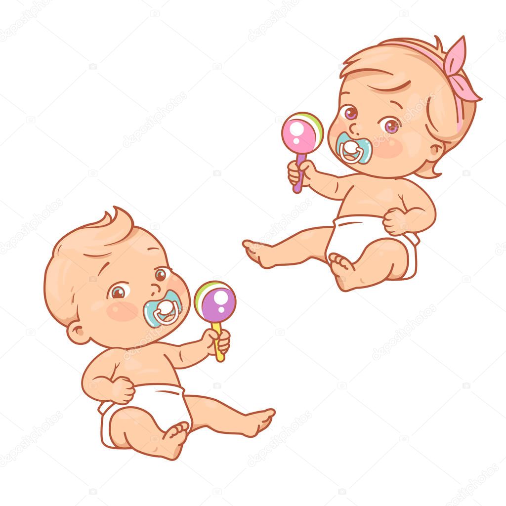 Little baby boy and girl in diaper sitting playing with toys. Playful kids isolated. Cute toddler child with pacifier and rattle. Color vector illustration.